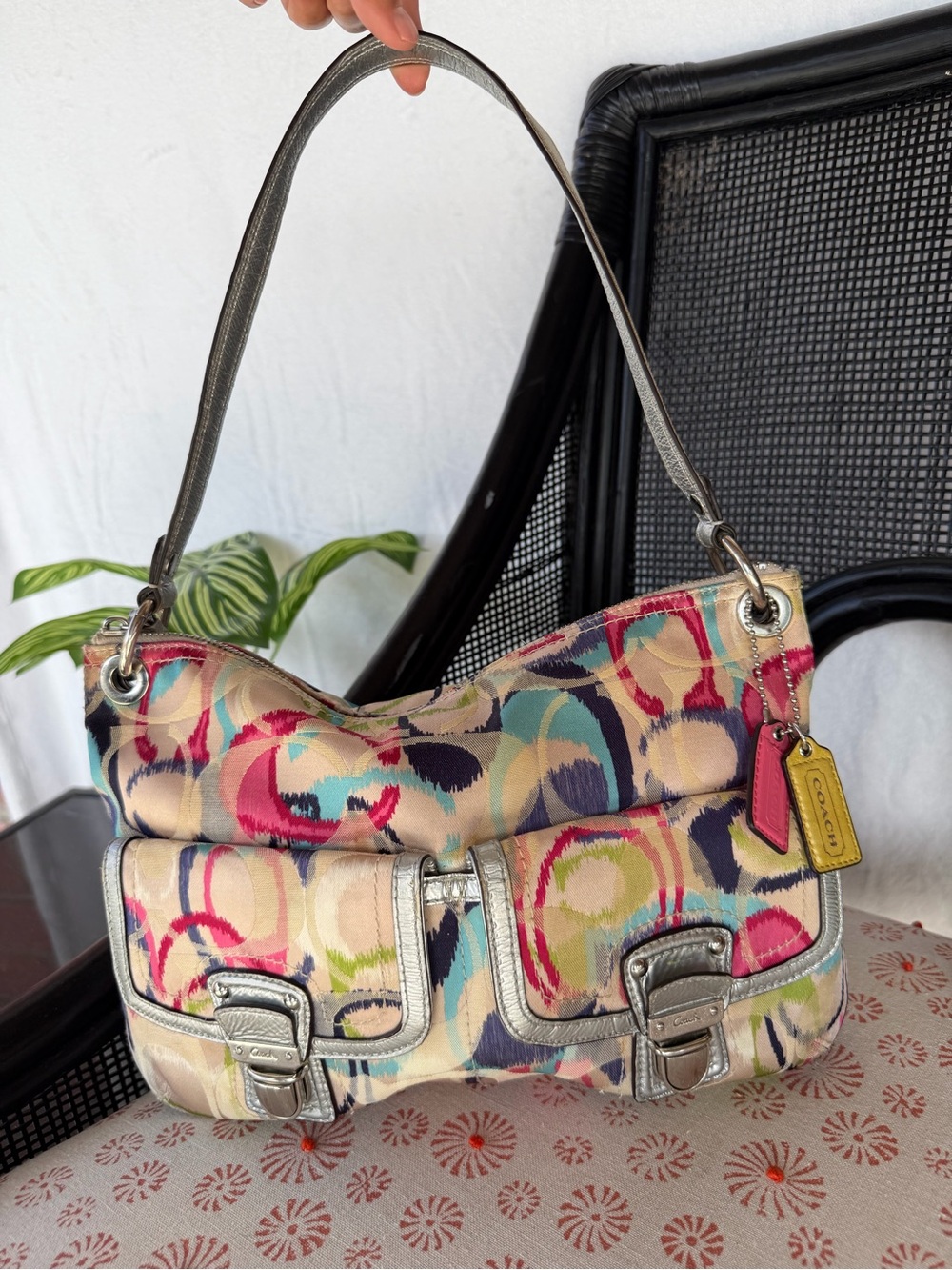 Multi-Color Canvas Shoulder Bag with Silver Trim